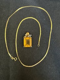 18K YG Gorgeous Emerald Cut Yellow Citrine Sliding Pendant With Diamond Accents On 20 Inch Necklace