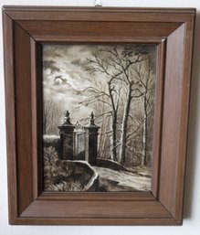 Signed Porcelain Plaque Of Mansion Gate, On A Night With Full Moon, Dated 1902