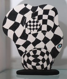 Hand Crafted Abstract Art Sculpture With Black And  White Checkered Pattern