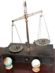 Vintage Brass Scale Mounted On Drawer With Weights & 2 Alabaster Finials