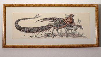 Vintage Watercolor Drawing Of Pheasants Signed Angy, In Light Brown Stippled Frame.