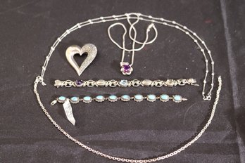 Sterling Jewelry - Turquoise Bracelet, Bracelet W Semi-precious Stones, Necklace And Purple Pendant, Heart Pin