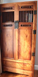 Chinese Vintage Wood Cabinet With Openwork Detailing On Top