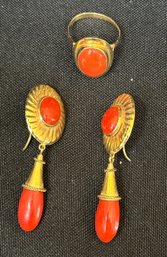 18K YG 3 Pc Ensemble- Pair Of Red Coral Earrings And Coral Ring Size 8