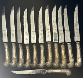 AMBASSAOR CUTLERY MFG CO SET OF 12 VINTAGE SERRATED STEAK KNIVES WITH STERLING SILVER HANDLES