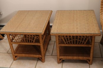 Pair Of Woven Wicker Side Tables With Protective Glass Tops And Bottom Shelf
