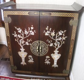 Chinoiserie Bar Cabinet With Mother Of Pearl Overlay Depicting Urns And Cherry Blossoms.
