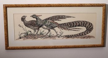 Vintage Watercolor Drawing Of Pheasants Signed Angy, In Light Brown Stippled Frame.