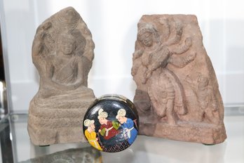 Vintage Carved Stone Buddha Sculptures Includes A Small Hand Painted Asian Style Trinket Box