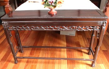 Dark Wood Chinese Hand Carved Altar Table With Floral Design Border & Ceramic Painted Floral Bouquet
