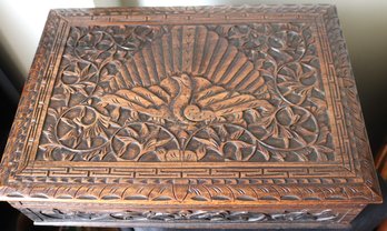 Vintage Carved Wooden Box With Peacock And Curlicued Vines