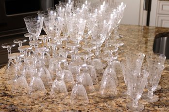 Elegant Fostoria Etched Stemware Includes 20 Large Wine Glasses, 22 Smaller Wine Glasses And 5 Juice Glasses