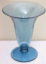 Large Blue Glass Vase In A Flared Tulip Shape.