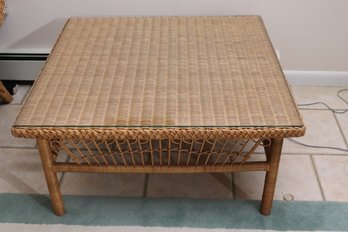 Woven Wicker Coffee Table With Protective Glass Top