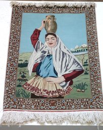 Unique Hand-woven Carpet Mat Of Persian Woman Carrying A Jar, Signed On Border.