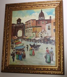 Signed Vintage Oil On Canvas Painting Of Naples, Italy Market Scene In Elaborate Gold Frame