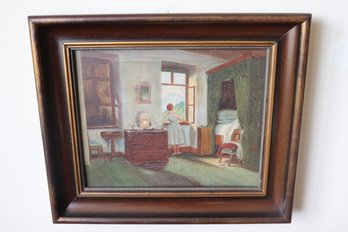 Oil On Canvas Painting Of Interior Scene With Woman By The Window.