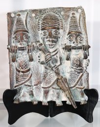 Vintage Embossed West African Benin Bronze Warrior Plaque