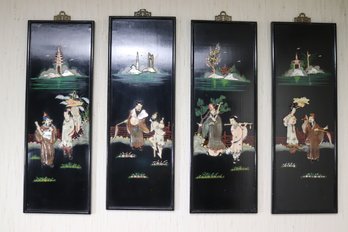 Four Lacquered Wood Panels With Raised Design Featuring Chinese Characters In Ancient  Robes.