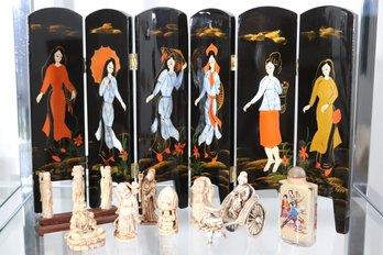 Carved Miniature Resin & Bone Figurines As Pictured Assorted Sizes Include Decorative Screen