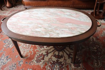Oval Mahogany Coffee Table Ca. 1950s With Brass Handles And Pink Marble Top