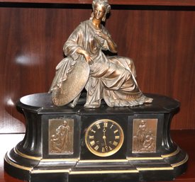 Gorgeous Large Antique Black Onyx Clock With Classical White Metal Figurine (not Attached)