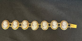 18K YG Beautiful 7 Panel Cameo Portrait Bracelet - 6.75 Inch