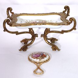 Small Sevres France Style Bronze Mounted Porcelain Soap Dish, And Limoges Hand Mirror With Transfer Ware Pan