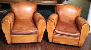 Pair Of Cozy/comfortable Leather Chairs By Camaro Made In France
