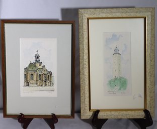 A Lot Of Two Signed And Framed Watercolors Of A Lighthouse And A Cathedral.