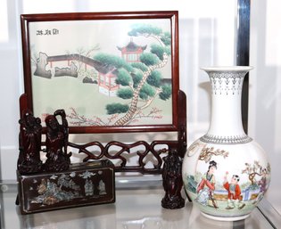 Asian Character Vase With Stamp & Asian Scenery Embroidered On Silk With Stamp Includes 3 Piece Set Of Car