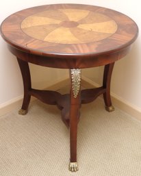 Baker Flame Mahogany And Burl Round Side Table, Pinwheel Pattern On Top With Ebony Border And Brass Accent