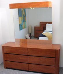 Wood Veneer 6 Drawer Formica Dresser With Attached Mirror.