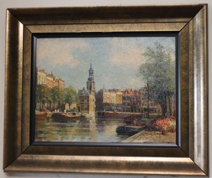 Dutch Landscape Oil On Canvas Signed With Canal, Boats Flowers And Houses.