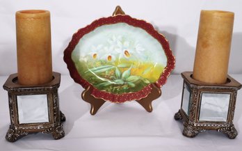 Antique English Hand Painted Porcelain Dish And Pair Of Mirrored Resin Candle Holders.