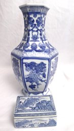 Decorative Blue And White Vase And Porcelain Trinket Box With Painted Mountain Scenery.