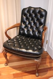 Tufted Black Leather Armchair With Brass Nail-heads