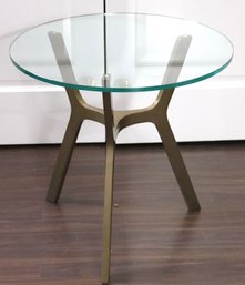 Contemporary Crate And Barrel Elke Brass End/accent Table With A Round Glass Top