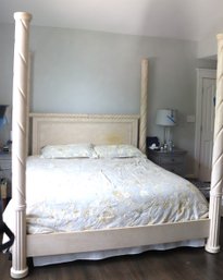Light Wood 4 Poster King Size Bed With Tall Carved Columns. Ralph Lauren  Bedding Included.