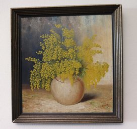 Pretty Little Dutch Still Life On Wood With Feathery Yellow Flowers In A Vase, Signed.