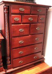 Elegant Mahogany Color Highboy Dresser With Spiral Turned Posts & Brass Handles