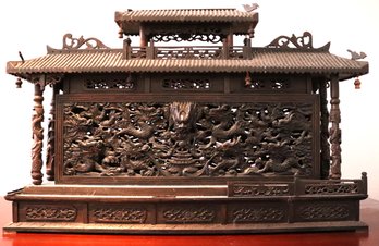 Large & Impressive Carved Chinese Wood Screen With Dragon And Pagoda Shape