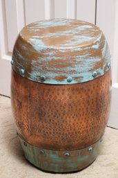 Riveted/Hammered Copper Drum Table With A Patinated Highlighted Finish