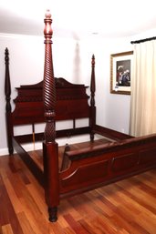 Elegant Queen Size Chippendale Style Four Poster Bed Frame With Spiral Twist Design & Carved Pineapple Fi