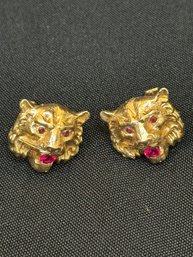 14K YG Pair Of Cufflinks Tiger Face With Ruby Eyes And Mouth