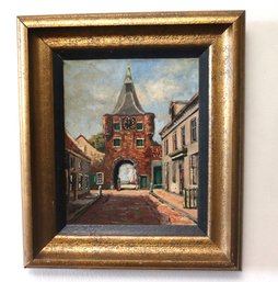 Signed Oil On Canvas Of Dutch Village Street With Clock Tower.