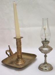 Brass Candle Holder With Sniffer And Miniature Oil Lamp