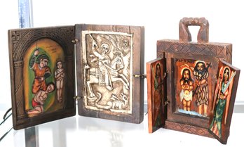 Vintage Hand Carved & Hand Painted Religious Pieces, Larger Piece With Embossed Horse