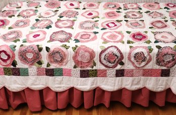 Handmade Quilt With Floral Pattern 90 X 58 Inches Including Pink Dust Ruffle Custom For Twin Bed