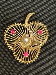 14K YG Palm Fan Brooch Pin With Pearl And Ruby Accents